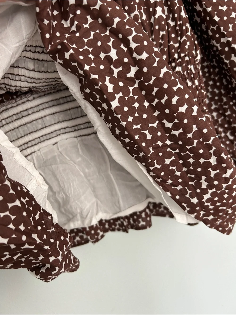 J. Crew Brown and White Printed Smocked Waist Blouse